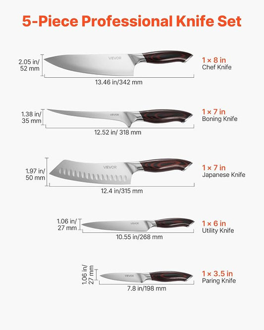 VEVOR Kitchen Knife Set, 5 Piece High Carbon Stainless Steel Sharp Knife Set, Durable and Rust-Resistant, Professional Kitchen Cutlery with Ergonomic Crack-Resistant Handle, for Precise Cutting