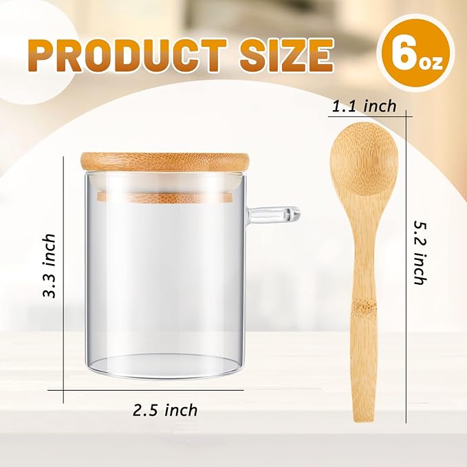 Tessco for you 6 Pack 6 oz Glass Spice Jars with Bamboo Lids and Wooden Spoons, Clear Storage Containers for Sugar, Salt, Coffee, Tea, DIY Gifts, and Sugar Scrubs Organization Set for Kitchen