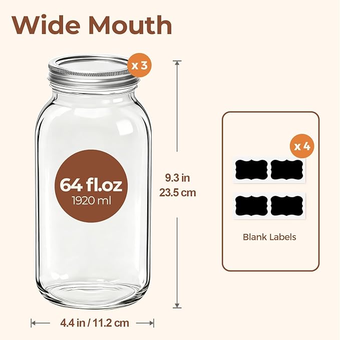 ComSaf Half Gallon Mason Jar 64oz 3Pcs, Wide Mouth Mason Jars with Lids and Seal Bands, Large Glass Canning Jars for Suntea, Pickling, Sourdough, Fermentation, Salad, Meal Prep, Food Pantry Storage