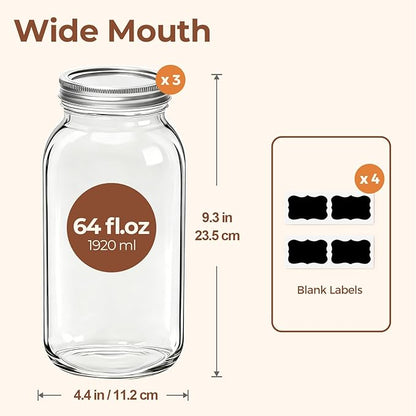 ComSaf Half Gallon Mason Jar 64oz 3Pcs, Wide Mouth Mason Jars with Lids and Seal Bands, Large Glass Canning Jars for Suntea, Pickling, Sourdough, Fermentation, Salad, Meal Prep, Food Pantry Storage