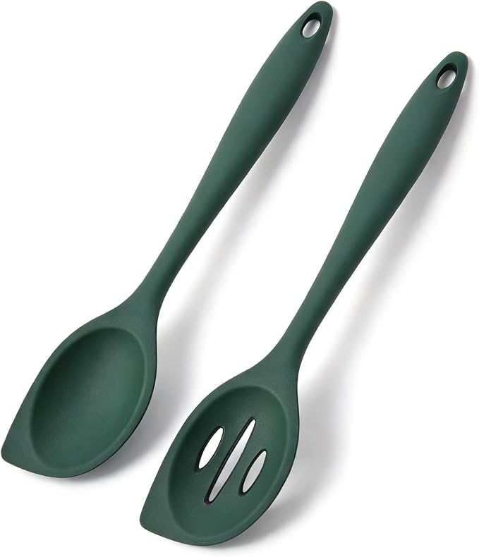Silicone Cooking Spoons Set of 2, Heat-Resistant & Dishwasher Safe - Slotted and Solid Kitchen Spoons for Mixing, Serving, Stirring, Skimming