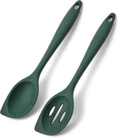 Silicone Cooking Spoons Set of 2, Heat-Resistant & Dishwasher Safe - Slotted and Solid Kitchen Spoons for Mixing, Serving, Stirring, Skimming