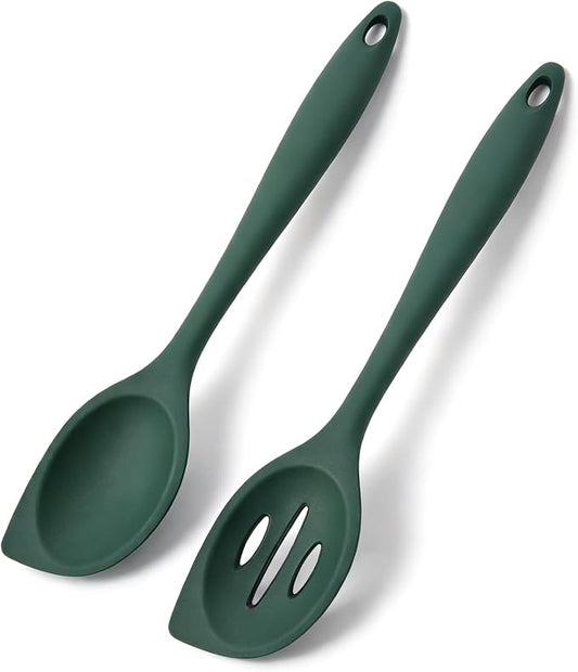 Silicone Cooking Spoons Set of 2, Heat-Resistant & Dishwasher Safe - Slotted and Solid Kitchen Spoons for Mixing, Serving, Stirring, Skimming