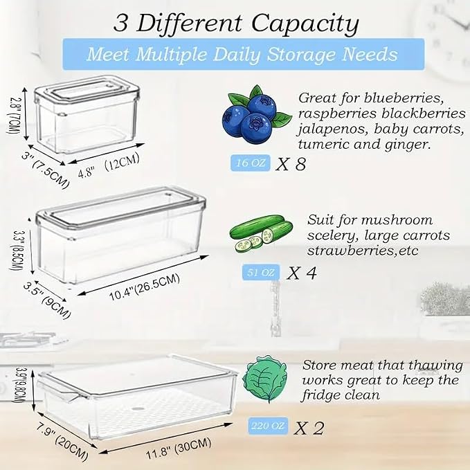 INNOVATIVE LIFE 14 Pack Refrigerator Organizers and Storage, Stackable Fridge Organizer Bins with Lids, BPA-Free Produce Fruit Storage Containers for Storage Clear for Food, Vegetable Storage