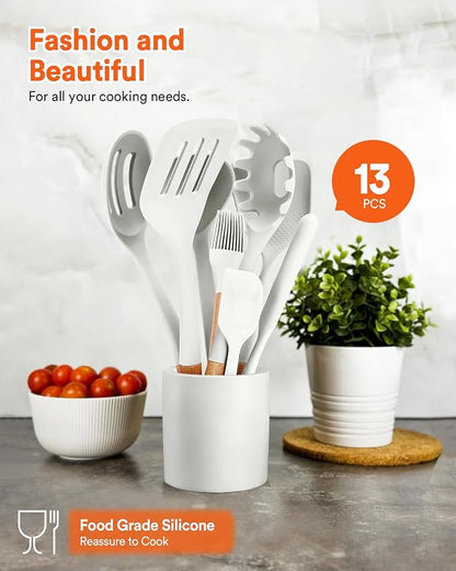 Kitchen Utensils Set, 13PCS Silicone Cooking Utensils, Heat Resistant Kitchen Utensil Spatula Set for Nonstick Cookware, Wooden Handles Kitchen Gadgets Tools Set