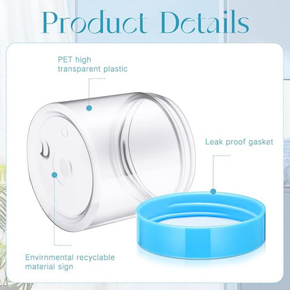 SATINIOR 24 Pieces Empty Clear Plastic Jars with Lids Round Storage Containers Wide Mouth for Beauty Product Cosmetic Cream Lotion Liquid Butter Craft and Food(Blue Lid,2 oz)