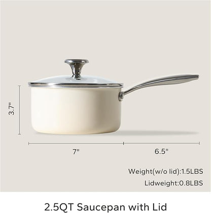 Redchef Ceramic Sauce Pan with Lid, 2.5QT Small Saucepan, Nonstick Cooking Pot with Stay-Cool Handle, Kitchen Non Toxic Soup Pot, PTFE & PFOA Free, Oven Dishwasher Safe, Compatible All Stovetops-Beige