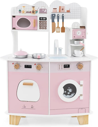 Costzon Play Kitchen, Wooden Toy Kitchen Set with Coffee Maker Playset, Washing Machine, Microwave, Oven, Pretend Play Cooking Accessories, Kids Kitchen Playset, Gift for Boys Girls (Pink)