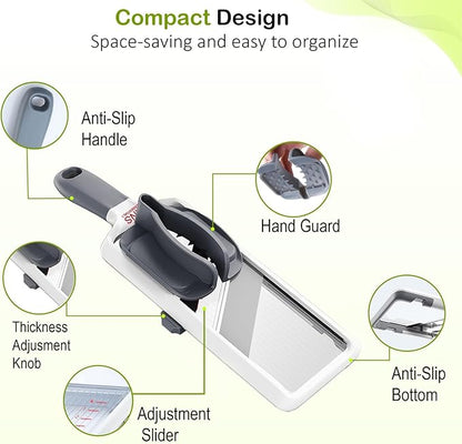 Mandoline Slicer for Kitchen – Adjustable Stainless Steel Blades, with Comfort Grip – Vegetable Slicer for Small to Medium sized Cucumber, Onion, Potato – Gray