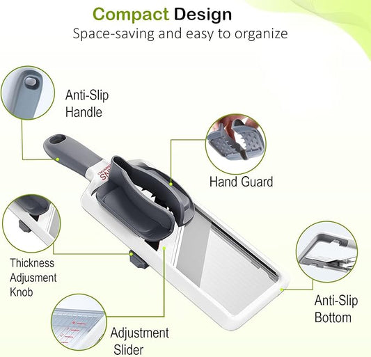 Mandoline Slicer for Kitchen – Adjustable Stainless Steel Blades, with Comfort Grip – Vegetable Slicer for Small to Medium sized Cucumber, Onion, Potato – Gray