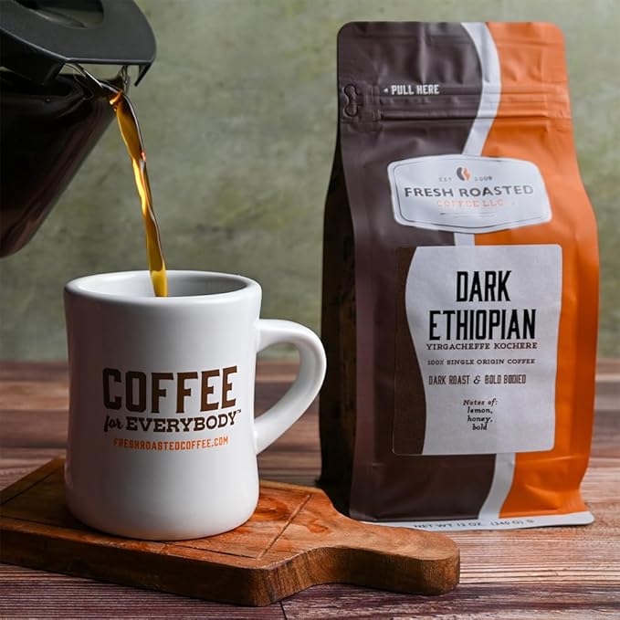 Fresh Roasted Coffee, Dark Ethiopian Yirgacheffe Kochere Drip Ground Coffee, Dark Roast, Kosher, 12 oz