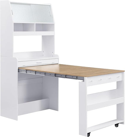 VilroCaz Multifunctional 69" Height Kitchen Pantry with Hutch and Foldable Dining Table, Freestanding Cupboard Cabinet with Storage Shelf and Side Hooks for Small Places (Natural-5.8)