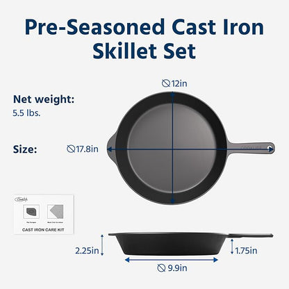 COOKLIFE 12 Inch Lightweight Pre-Seasoned Cast Iron Skillets - Smooth Polished Surface, Easy to Clean Cast Iron Pan Use in the Oven, on the Stove or Grill, Over a Campfire