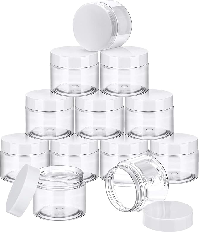 SATINIOR 24 Pieces Empty Clear Plastic Jars with Lids Round Storage Containers Wide-Mouth for Beauty Product Cosmetic Cream Lotion Liquid Butter Craft and Food (White Lid, 2 oz)