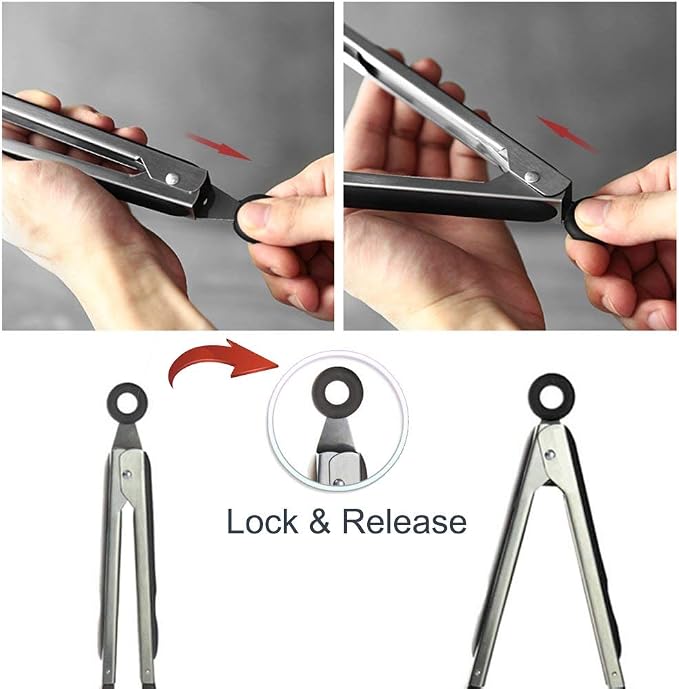 3-Piece Stainless Steel & Silicone Cooking Tongs Set - Black (7", "9", "12 inches) - Heat Resistant, Non-Stick, Locking Handle, Dishwasher Safe