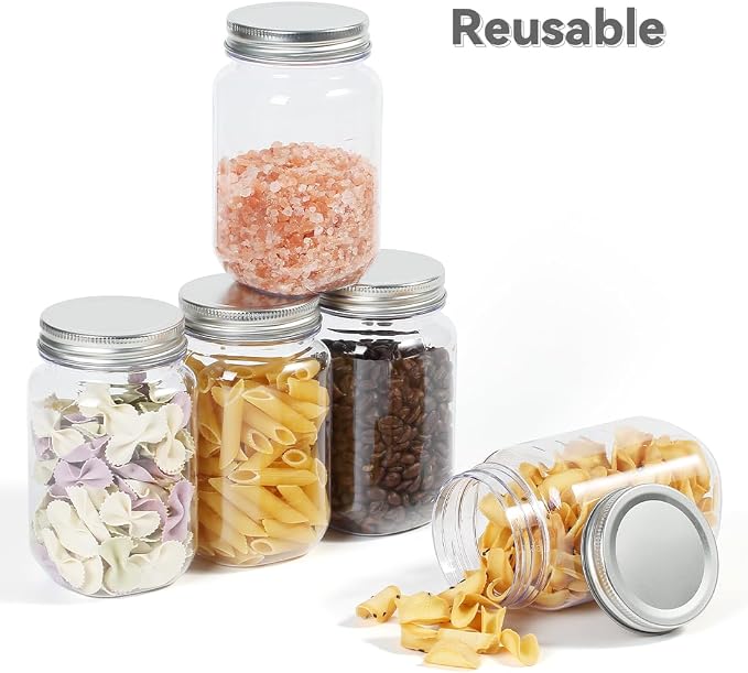 16 OZ Mason Jars Plastic Clear Storage Containers with Lids Empty Refillable Airtight Container for Home Kitchen (Silver, 24 Pack)