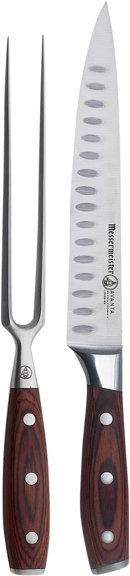 Messermeister Avanta Forged Kullenschliff Carving Set - Includes 8” Carving & Slicing Knife + 7” Fork - German X50 Stainless Steel - Pakkawood Handle - Rust Resistant & Easy to Maintain