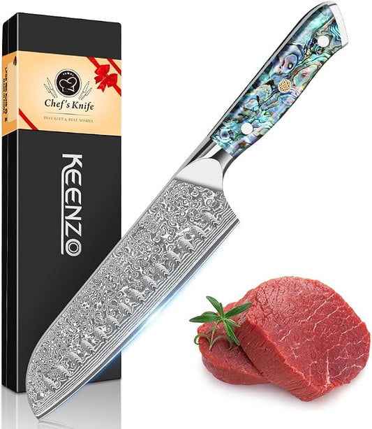 KEENZO Damascus Santoku Knife 7 inch, Razor Sharp Professional Chef Knife, Japanese Hand Forged 67 Layers Hammered Damascus Blade, Ergonomic Abalone Shell Handle Cooking Knife with gift box