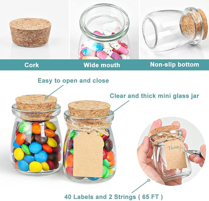 Ritayedet 40 Pack Glass Favor Jars with Cork Lid, 3.4 oz Small Glass Bottles for Wedding Favor, Baby Shower, Party Favor, Gift Jars for Candy, Bonus Twine and Labels