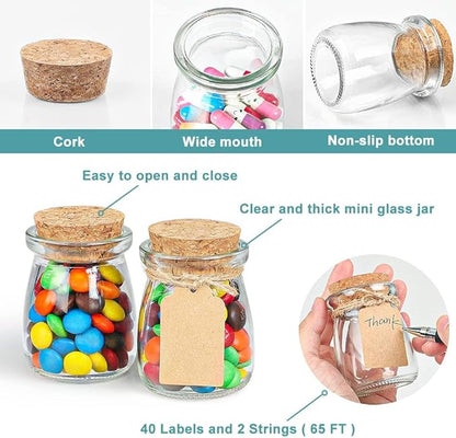 Ritayedet 40 Pack Glass Favor Jars with Cork Lid, 3.4 oz Small Glass Bottles for Wedding Favor, Baby Shower, Party Favor, Gift Jars for Candy, Bonus Twine and Labels