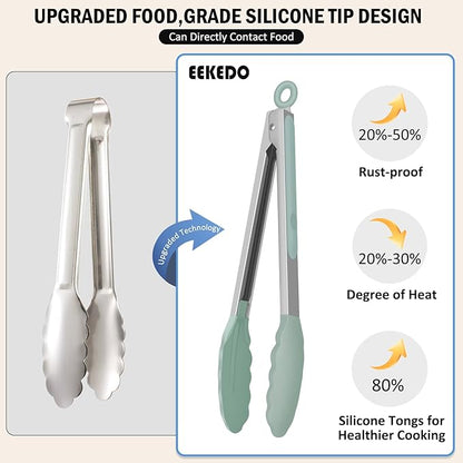 Tongs for Cooking, 600ºF High Heat-Resistant Stainless Steel Kitchen Tongs with Silicone Tips, Non Scratch, Locking Tong for BBQ Grilling Air Fryer Food Salads, Set of 2 (9" and 12") Sage Green