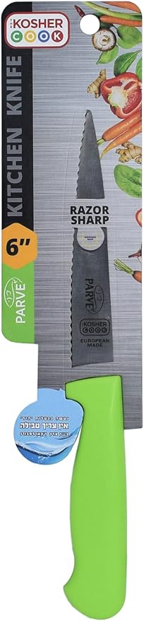 The Kosher Cook Parve Green Kitchen Knife - 4.5” Steak and Vegetable Knife - Razor Sharp Curved Tip, Serrated Edge - Color Coded Kitchen Tools