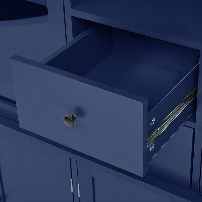 VilroCaz 75'' Tall Freestanding Kitchen Pantry Cabinet, Wood Large Cupboard Storage Buffet with Hutch, 4 Drawers, Door Shelves and Pull-Out Trays for Dining Room, Living Room (Blue-10.13)