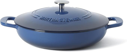 Martha Stewart Gatwick Enameled Cast Iron Braiser with Lid, 3.5-Quart Braiser Pan for Stovetop & Oven, Cast Iron Braising Pan, Blue