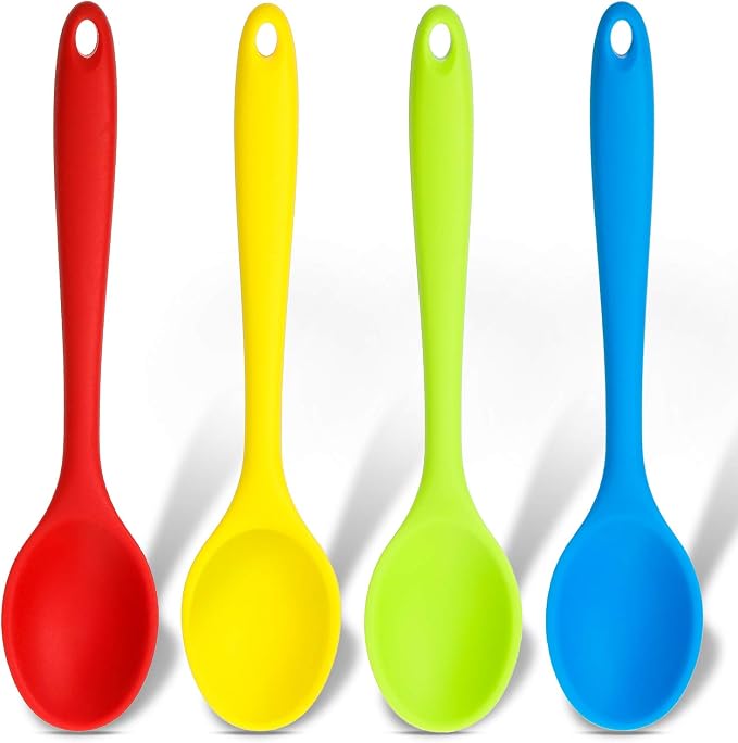 Patelai 4 Pieces Small Silicone Cooking Spoons 8 Inch Heat Resistant Silicone Serving Stirring Spoon for Kitchen Nonstick Cooking Tool Basting Utensils Dishwasher Safe(Dark Red, Green, Yellow, Blue)
