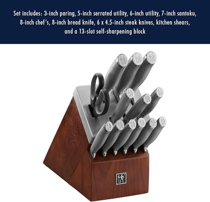 Henckels Modernist 14-pc Self-Sharpening Knife block set, Chef Knife, Paring Knife, Dark Brown, Stainless Steel, Walnut