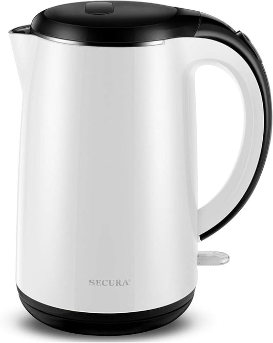 Secura Original Stainless Steel Double Wall Electric Water Kettle 1.8 Quart with Auto Shut-Off & Boil-Dry Protection, White SWK-1701DW/HB-3227B