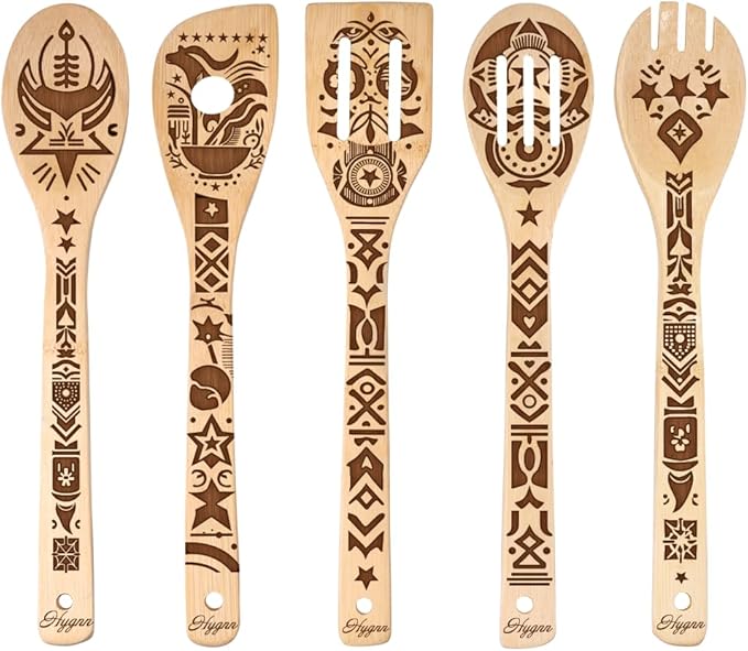 Ancient Totem Retro style Gift Idea Cooking Serving Utensils Natural Bamboo Kitchen House Warming Presents Slotted Wooden Spoons for Cooking Utensils Set of 5…