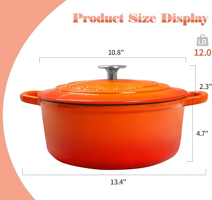 EDGING CASTING Enameled Cast Iron Dutch Oven, 5.5 Quart, Round Cast Dutch Ovens Pot with Lid Dual Handle for Bread Baking, Oven Safe up to 500°F, Orange