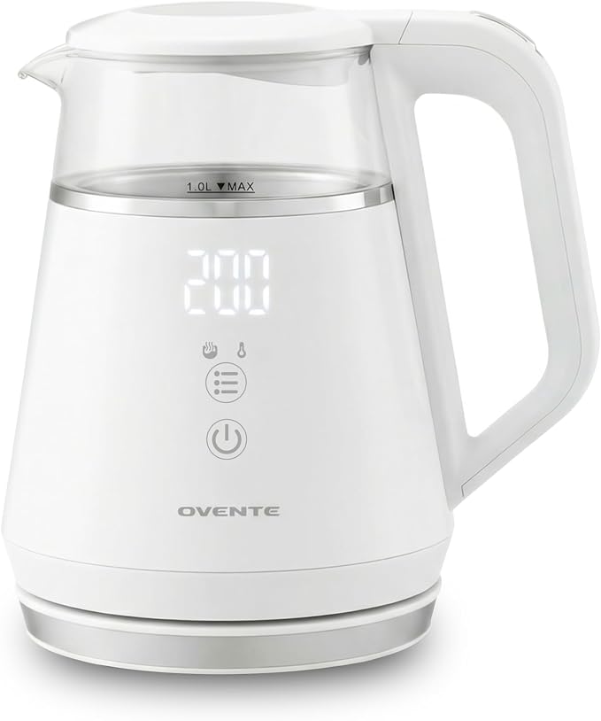 OVENTE 1L Small Electric Kettle with 5 Temperature Preset, Digital Display, 5Hr Keep Warm, Auto Shut-Off, Double-Wall Cool Touch Exterior, Borosilicate Glass,1500W BPA Free Water Boiler, White KD95W