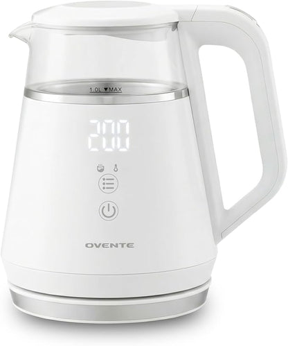 OVENTE 1L Small Electric Kettle with 5 Temperature Preset, Digital Display, 5Hr Keep Warm, Auto Shut-Off, Double-Wall Cool Touch Exterior, Borosilicate Glass,1500W BPA Free Water Boiler, White KD95W