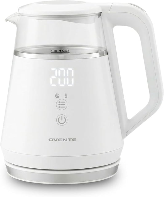 OVENTE 1L Small Electric Kettle with 5 Temperature Preset, Digital Display, 5Hr Keep Warm, Auto Shut-Off, Double-Wall Cool Touch Exterior, Borosilicate Glass,1500W BPA Free Water Boiler, White KD95W