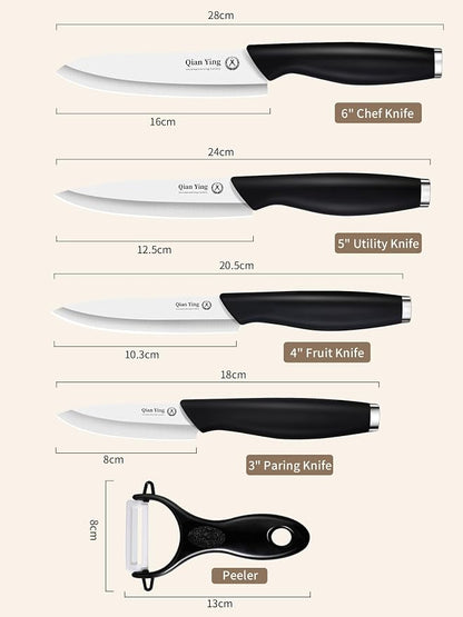 Ceramic Knife Set for Kitchen with Sheath: 100% Zirconia Pure Ceramic Sharp Blade Fruit Cutting Knives 9Pcs with Cover Rustproof Clean Cut Edge Black Handle, No Scratches on Titanium Cutting Boards