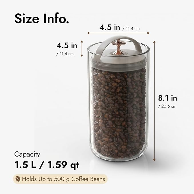 carrotez 6.3 Cup Vacuum Sealed Coffee Bean Container, Ecozen Plastic Airtight Food Storage Canister with Easy-Release Lever, Durable Space-Saving Design for Kitchen Countertop – 50.7 fl oz (1.5L)