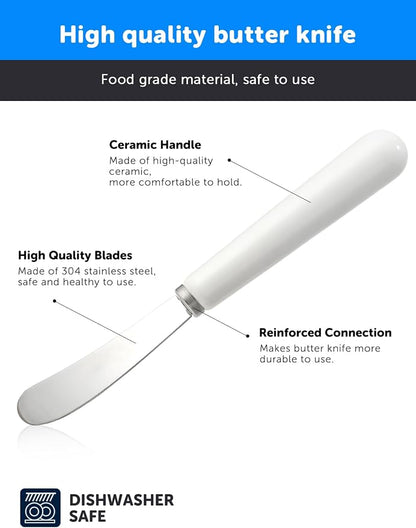 AISBUGUR Butter Spreader Knife, 4-Pack Stainless Steel With Comfortable Handle and Curved Blade for Better Scooping of Jam and Peanut Butter - 6.7" White