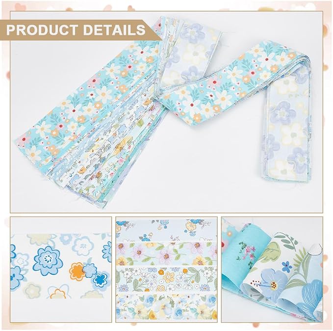 NBEADS 40Pcs Fabric Jelly Rolls, 100% Cotton Quilting Fabric 39x2.6 Inch Flower Pattern Fabrics Strips Precuts Quilt Strips for Blanket Upholstery Home Decor and Purse Making, Blue