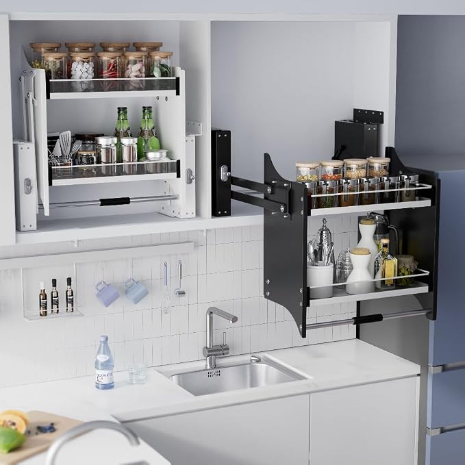 Pull Down Shelf for Kitchen Upper Cabinet, Heavy Duty Cabinet Organizer Large Storage Space, 26-28 Inch Width, Black