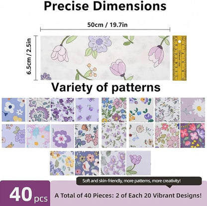 40-Pcs Light & Fresh Floral Fabric Strips - Precut Cotton for DIY Quilting & Home Decor