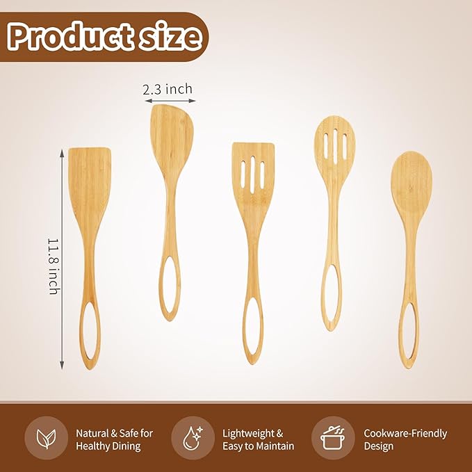 Premium Bamboo Utensils - Smooth Bamboo Spoons for Cooking,Wooden Cooking Utensils Set of 5,Apartment Bamboos Spatula for Nonstick Pan,House Warming Gifts New Home