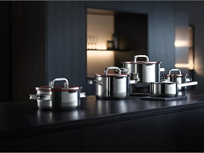 WMF Function 4 5-Piece Induction Saucepan Set, Glass Lid with 4 Pouring Functions, Polished Cromargan Stainless Steel, Induction Pots Set, Inner Scale