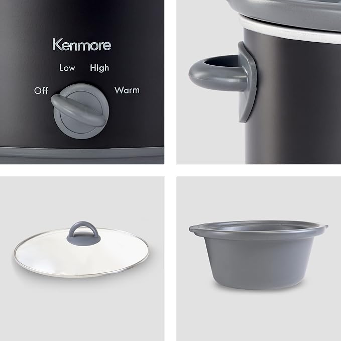 Kenmore 5 Quart Slow Cooker - Mini Crock Pot With Glass Lid, Stainless Steel Electric Cookers, Warm Rice & Sous Vide Stew, Soup, Lunch, Dishwaher Safe Non-Stick Ceramic Insert, 5 Lb Chicken 3 Lb Roast