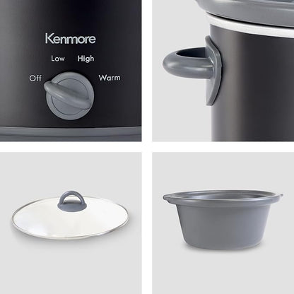 Kenmore 5 Quart Slow Cooker - Mini Crock Pot With Glass Lid, Stainless Steel Electric Cookers, Warm Rice & Sous Vide Stew, Soup, Lunch, Dishwaher Safe Non-Stick Ceramic Insert, 5 Lb Chicken 3 Lb Roast