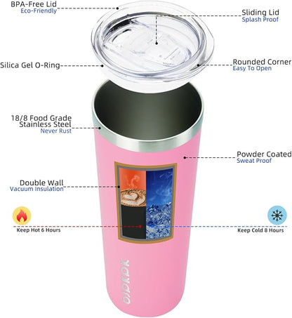 BJPKPK Skinny Insulated Tumbler, 20oz/600ml Stainless Steel Reusable Slim Travel Coffee Cup with Lid, Light Pink