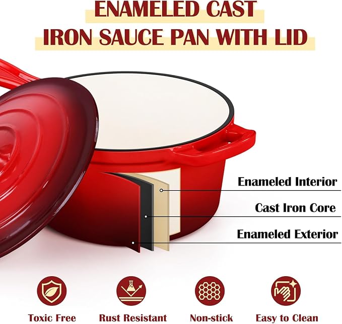 E-far Enameled Cast Iron Sauce Pan, 3 Quart Dutch Oven Saucepan with Lid, Small Sauce Pot for Cooking, Boiling, Healthy & Non Toxic, Induction & Oven Safe, Red