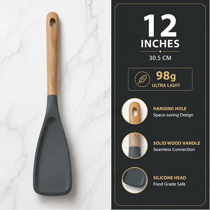 Silicone Cooking Spoon & Spoonula Spatula for Nonstick Cookware, Heat Resistant 600°F Kitchen Utensil, BPA-Free Food-Grade, Solid Wood Handle, Serving Scraping Scooping Stirring （Grey）
