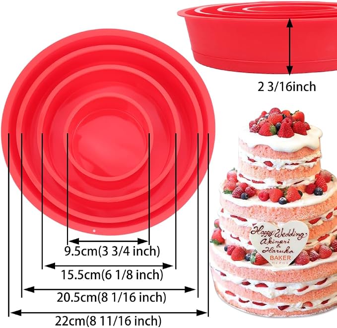 BAKER DEPOT Silicone Mould for Baking Nonstick Layer Cakes Bakeware Round Cake Pans Chocolate Rainbow Cake for Birthday Wedding Party 4 6 8 9 Inch Set of 4